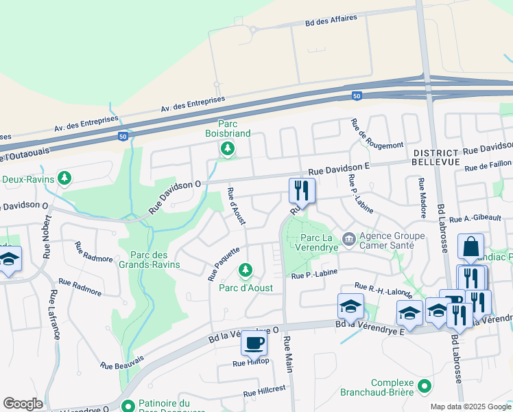 map of restaurants, bars, coffee shops, grocery stores, and more near 19 Rue Courtemanche in Gatineau