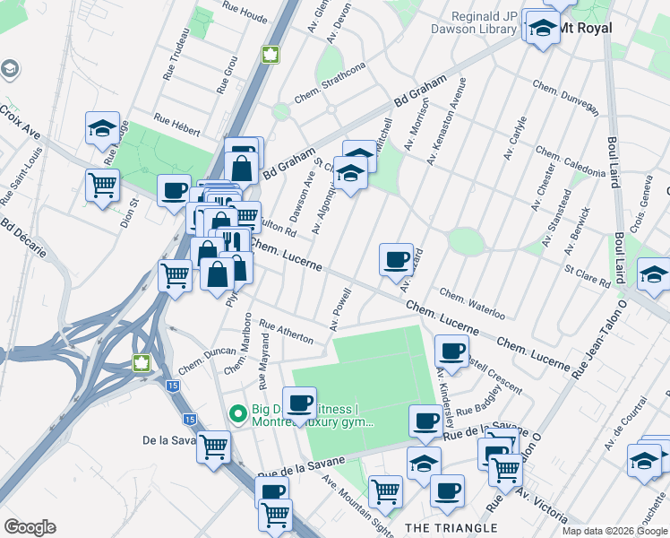 map of restaurants, bars, coffee shops, grocery stores, and more near 650 Avenue Mitchell in Mont-Royal