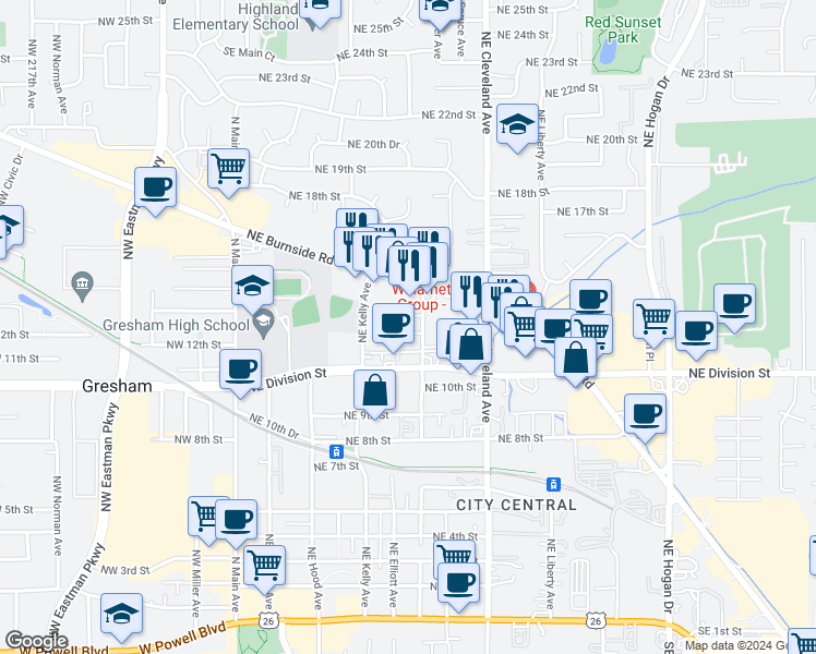map of restaurants, bars, coffee shops, grocery stores, and more near 555 Northeast Division Street in Gresham