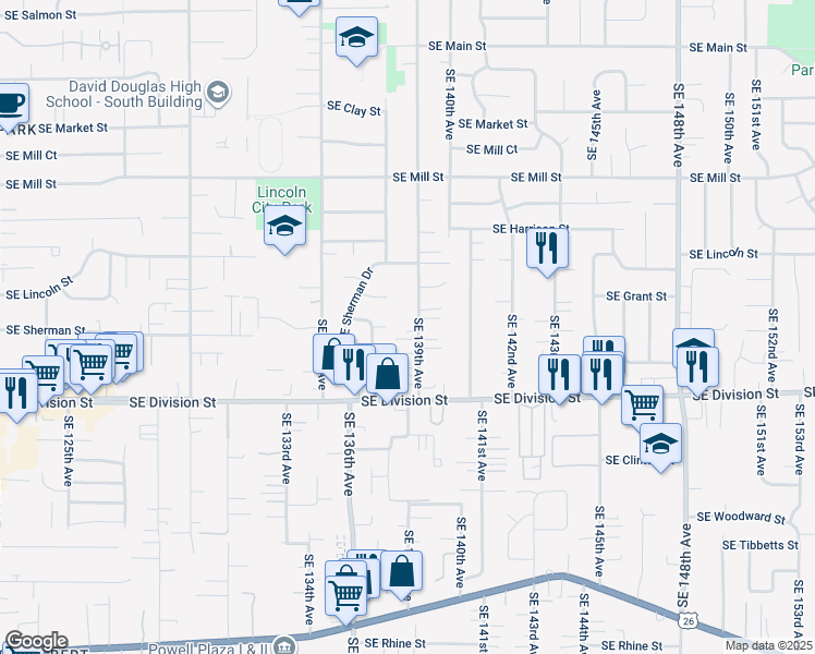 map of restaurants, bars, coffee shops, grocery stores, and more near 2337 Southeast 139th Avenue in Portland