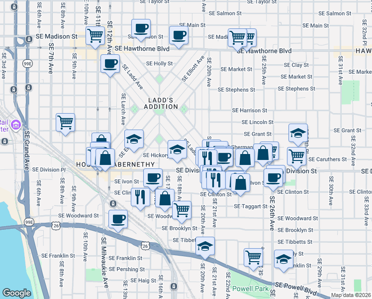 map of restaurants, bars, coffee shops, grocery stores, and more near 2422 Southeast Tamarack Avenue in Portland