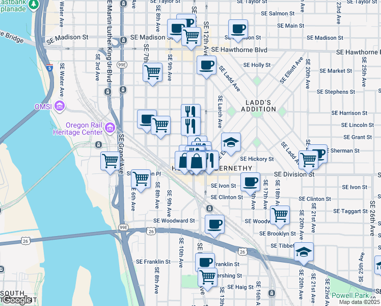 map of restaurants, bars, coffee shops, grocery stores, and more near 1101 Southeast Division Street in Portland