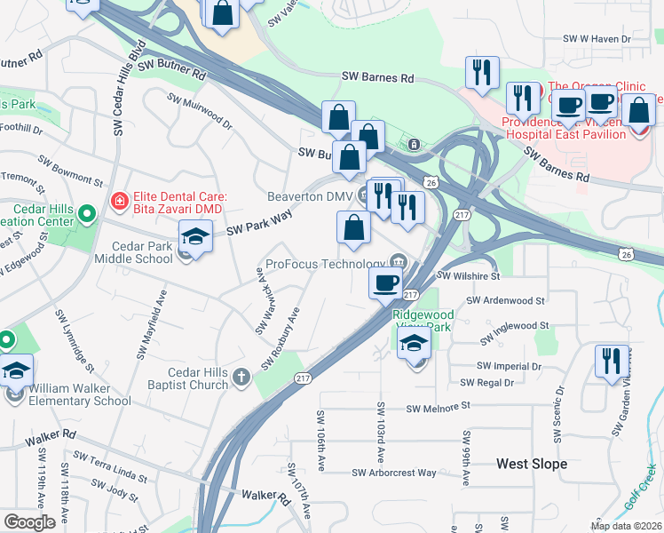 map of restaurants, bars, coffee shops, grocery stores, and more near 1970 Southwest Roxbury Avenue in Portland