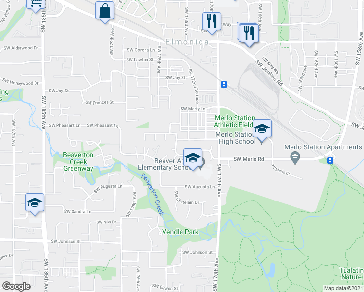 map of restaurants, bars, coffee shops, grocery stores, and more near 17270 Southwest Merlo Road in Beaverton