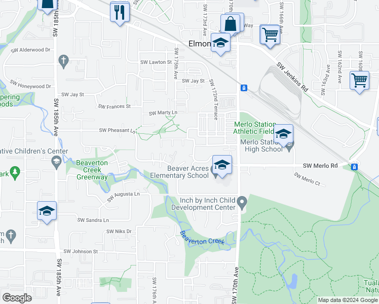 map of restaurants, bars, coffee shops, grocery stores, and more near 17340 Southwest Merlo Road in Aloha