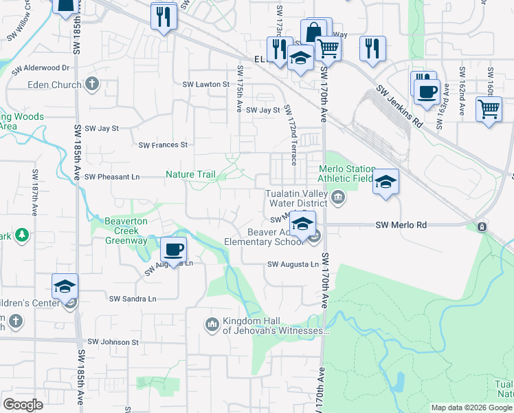 map of restaurants, bars, coffee shops, grocery stores, and more near 17340 Southwest Merlo Road in Aloha