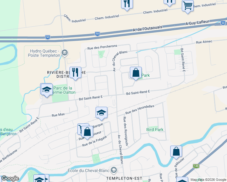 map of restaurants, bars, coffee shops, grocery stores, and more near 663 Avenue du Cheval-Blanc in Gatineau