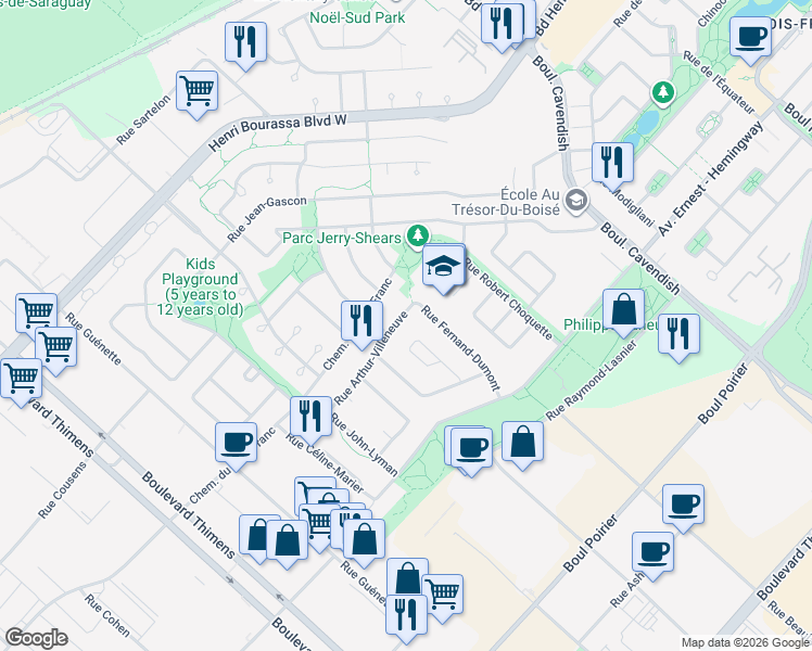 map of restaurants, bars, coffee shops, grocery stores, and more near 3580 Rue Arthur-Villeneuve in Montréal