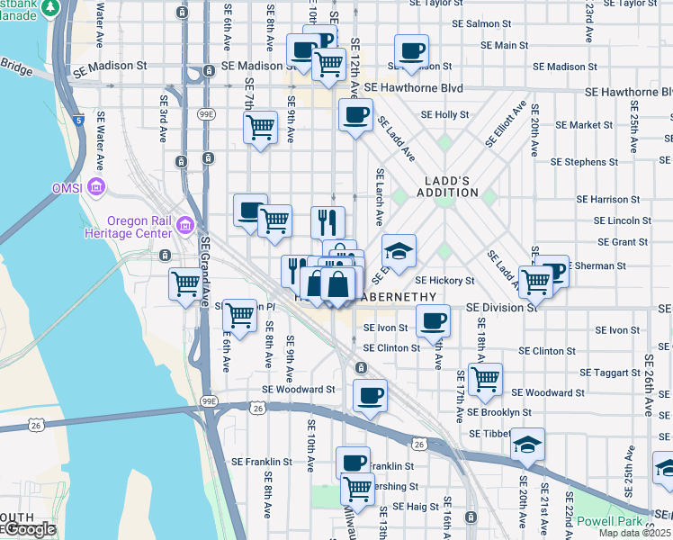 map of restaurants, bars, coffee shops, grocery stores, and more near 1101 Southeast Division Street in Portland