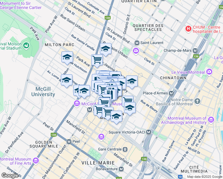 map of restaurants, bars, coffee shops, grocery stores, and more near 1449 Rue Saint-Alexandre in Montréal