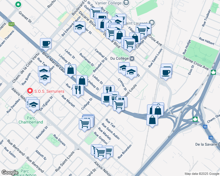 map of restaurants, bars, coffee shops, grocery stores, and more near Rue Boudrias in Montréal