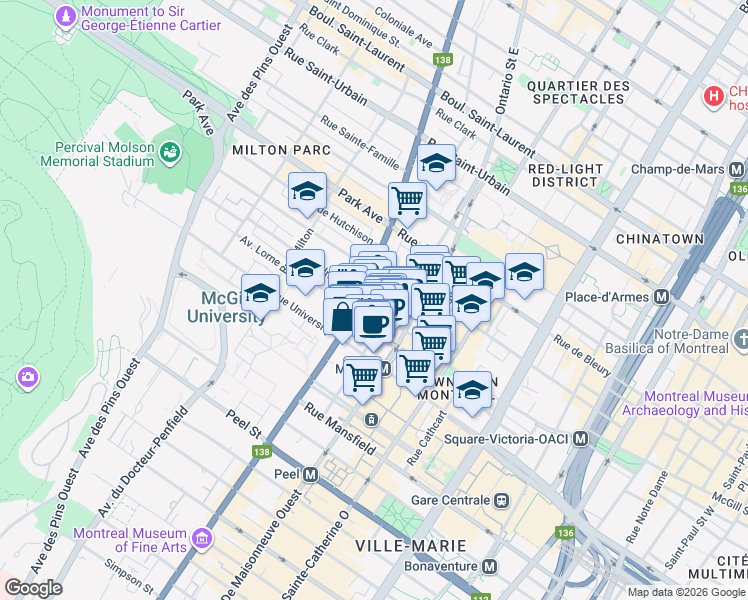 map of restaurants, bars, coffee shops, grocery stores, and more near 500 Rue Sherbrooke Ouest in Montréal