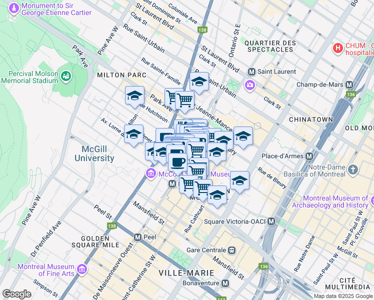 map of restaurants, bars, coffee shops, grocery stores, and more near in Montreal