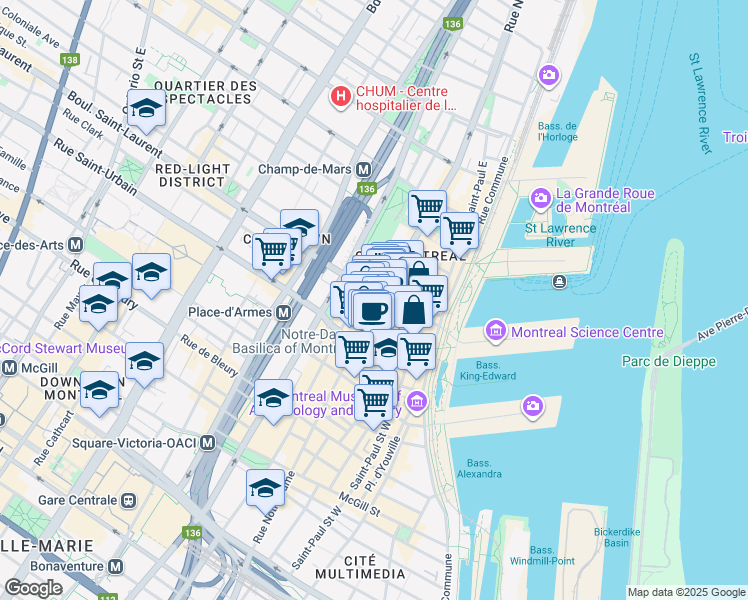 map of restaurants, bars, coffee shops, grocery stores, and more near in Montreal