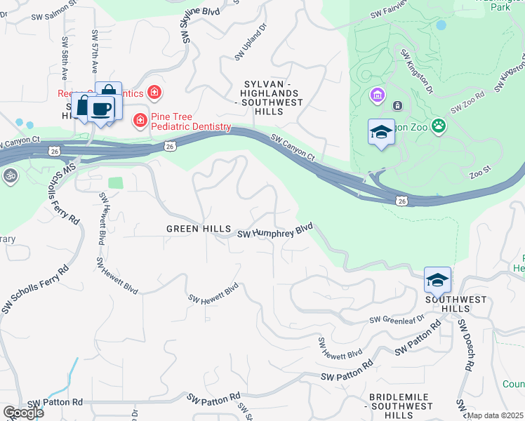 map of restaurants, bars, coffee shops, grocery stores, and more near 4627 Southwest Humphrey Court in Portland