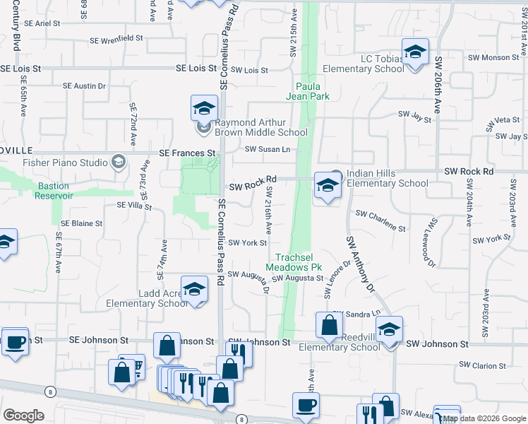 map of restaurants, bars, coffee shops, grocery stores, and more near 1885 Southwest 216th Avenue in Beaverton