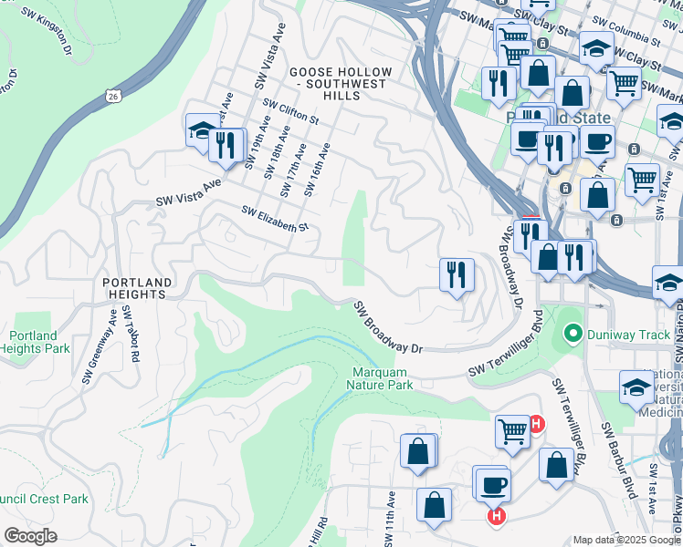 map of restaurants, bars, coffee shops, grocery stores, and more near 2730 Southwest Robins Crest Drive in Portland