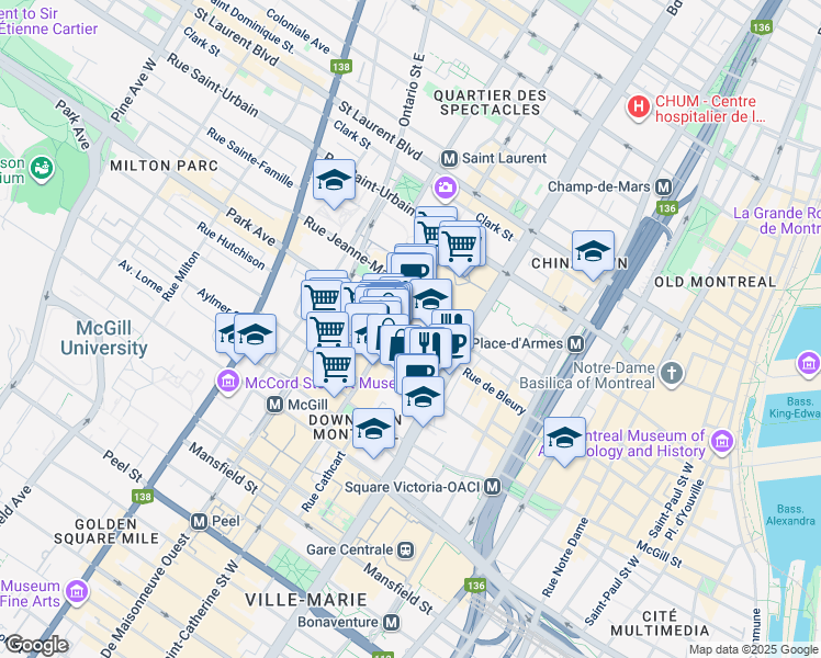 map of restaurants, bars, coffee shops, grocery stores, and more near 1245 Rue de Bleury in Montréal