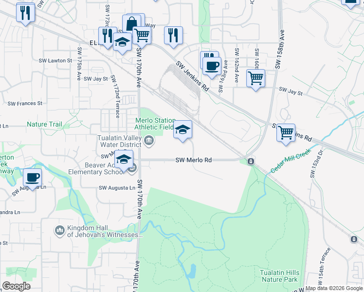 map of restaurants, bars, coffee shops, grocery stores, and more near 1841 Southwest Merlo Drive in Beaverton