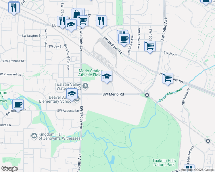map of restaurants, bars, coffee shops, grocery stores, and more near 1841 Southwest Merlo Drive in Beaverton