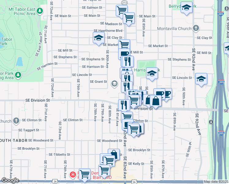map of restaurants, bars, coffee shops, grocery stores, and more near 7998 Southeast Sherman Street in Portland