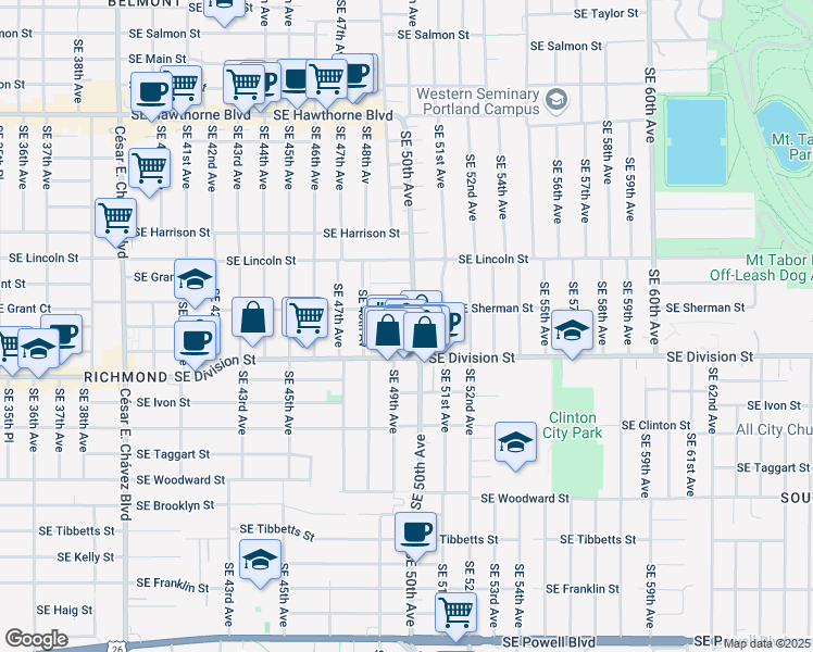 map of restaurants, bars, coffee shops, grocery stores, and more near 2424 Southeast 49th Avenue in Portland