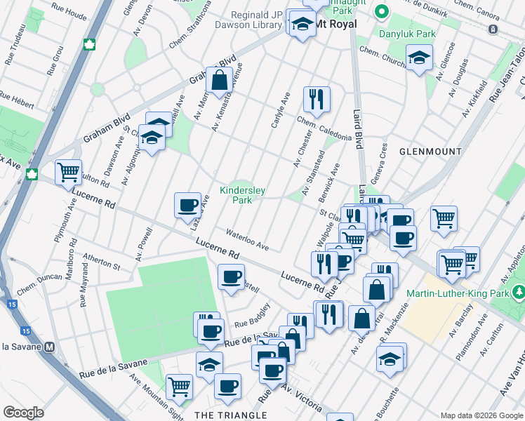 map of restaurants, bars, coffee shops, grocery stores, and more near 550 Avenue Portland in Mont-Royal