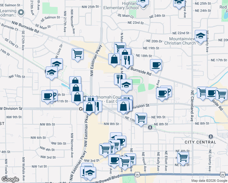 map of restaurants, bars, coffee shops, grocery stores, and more near 1133 North Main Avenue in Gresham