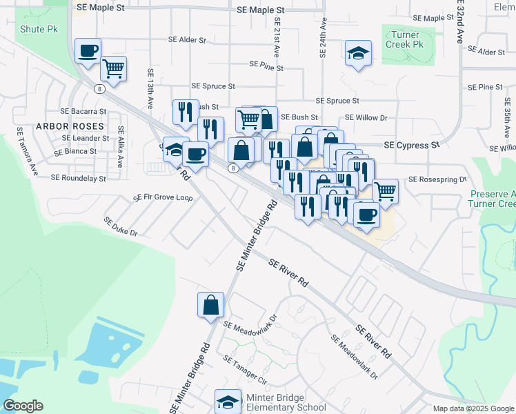 map of restaurants, bars, coffee shops, grocery stores, and more near 1901 Southeast Minter Bridge Road in Hillsboro