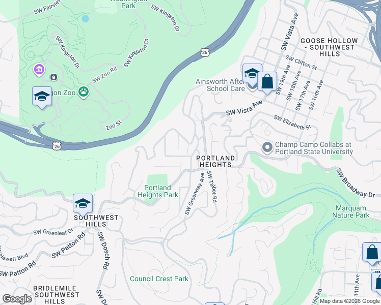 map of restaurants, bars, coffee shops, grocery stores, and more near 2647 Southwest Montgomery Drive in Portland