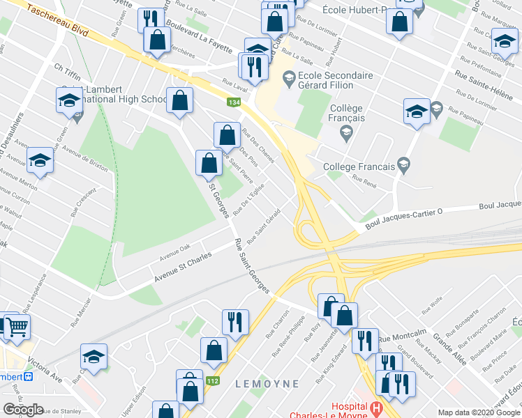 map of restaurants, bars, coffee shops, grocery stores, and more near 1960 Rue Saint François in Longueuil