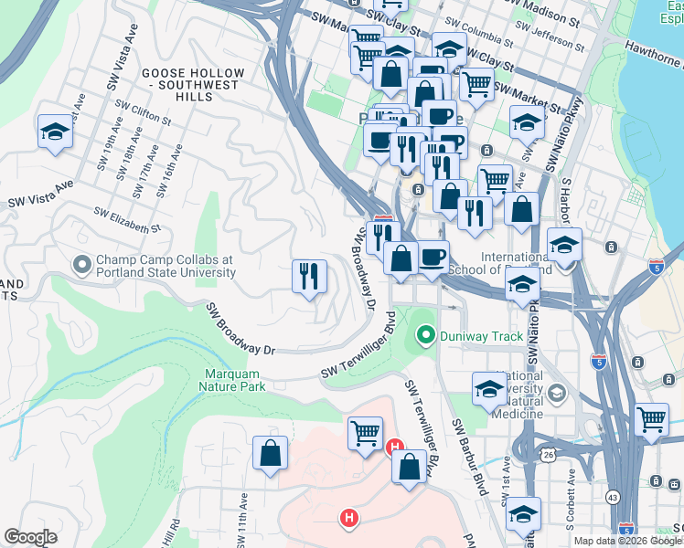 map of restaurants, bars, coffee shops, grocery stores, and more near 2638 Southwest Buckingham Avenue in Portland