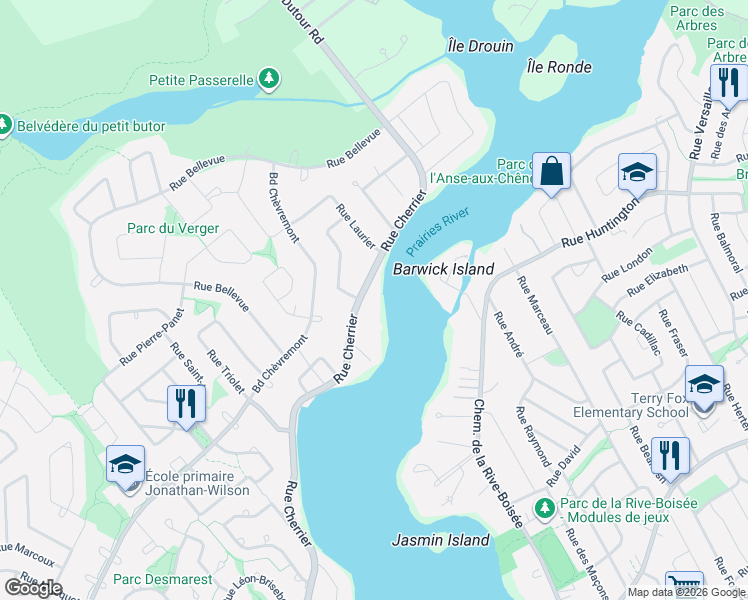map of restaurants, bars, coffee shops, grocery stores, and more near 3014 Rue Cherrier in Montréal
