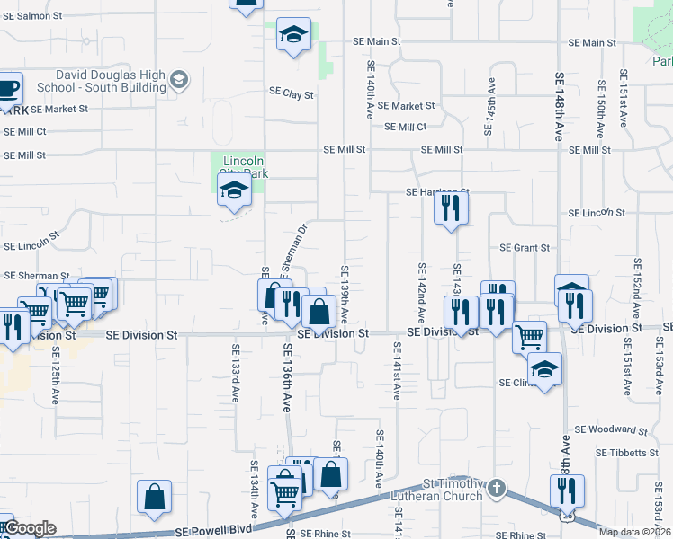 map of restaurants, bars, coffee shops, grocery stores, and more near 2237 Southeast 139th Avenue in Portland