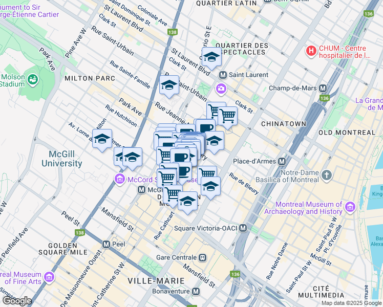 map of restaurants, bars, coffee shops, grocery stores, and more near in Montreal