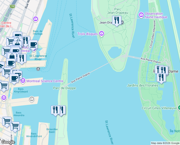 map of restaurants, bars, coffee shops, grocery stores, and more near Pont de la Concorde in Montréal