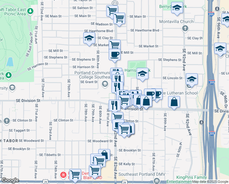 map of restaurants, bars, coffee shops, grocery stores, and more near 2305 Southeast 82nd Avenue in Portland