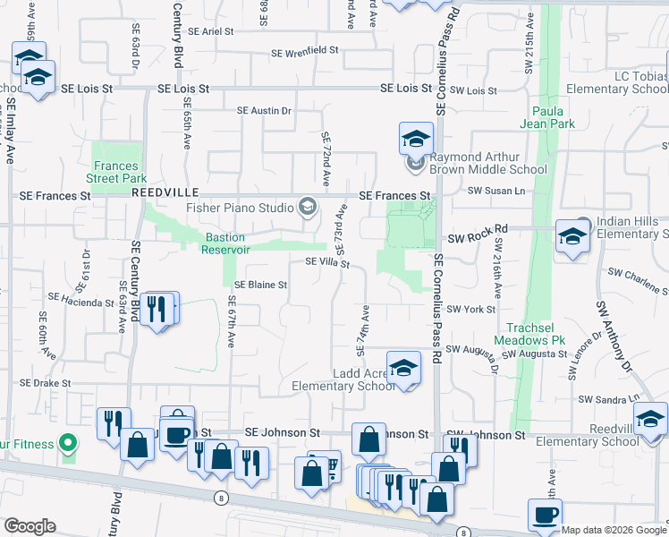 map of restaurants, bars, coffee shops, grocery stores, and more near 1983 Southeast 73rd Avenue in Hillsboro