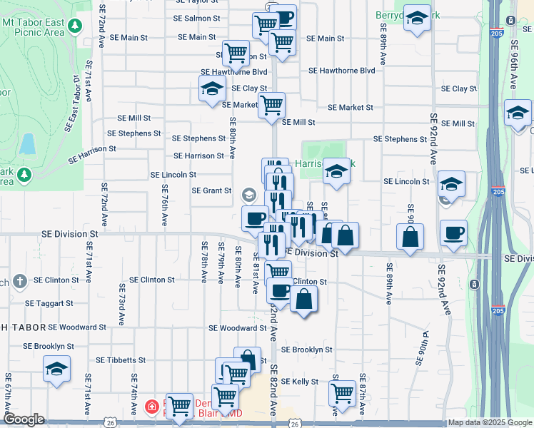 map of restaurants, bars, coffee shops, grocery stores, and more near 2305 Southeast 82nd Avenue in Portland