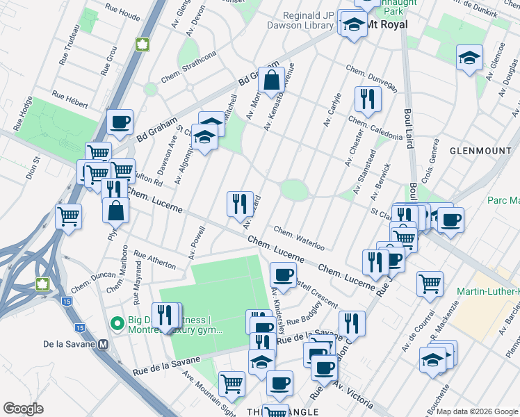map of restaurants, bars, coffee shops, grocery stores, and more near 568 Avenue Lazard in Montréal