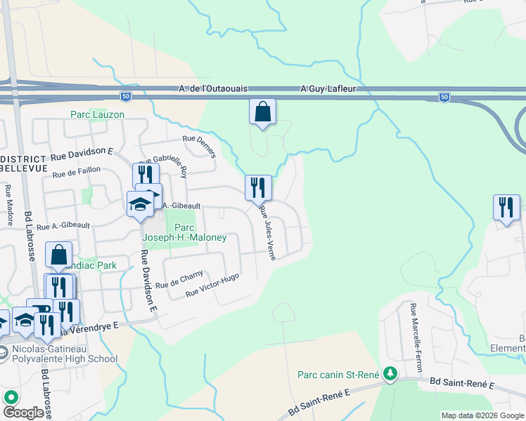 map of restaurants, bars, coffee shops, grocery stores, and more near Rue Jules-Verne in Gatineau