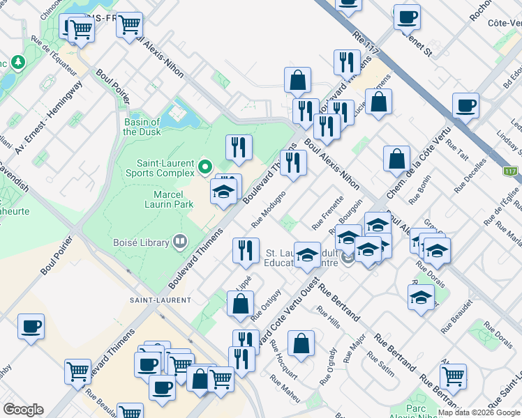 map of restaurants, bars, coffee shops, grocery stores, and more near 2535 Rue Modugno in Montrã©Al