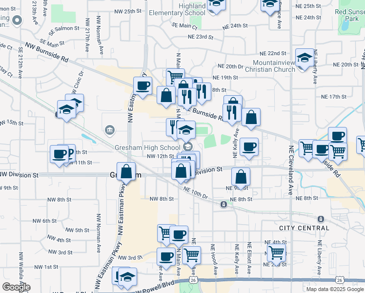 map of restaurants, bars, coffee shops, grocery stores, and more near 1200 North Main Avenue in Gresham