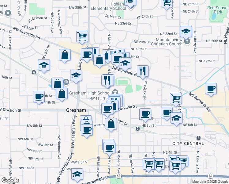 map of restaurants, bars, coffee shops, grocery stores, and more near 1200 North Main Avenue in Gresham