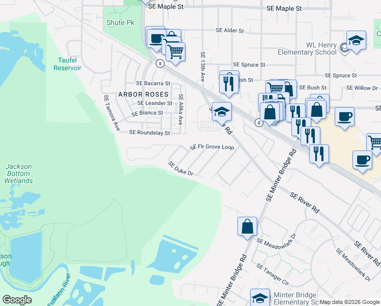 map of restaurants, bars, coffee shops, grocery stores, and more near 1364 Southeast Fir Grove Loop in Hillsboro