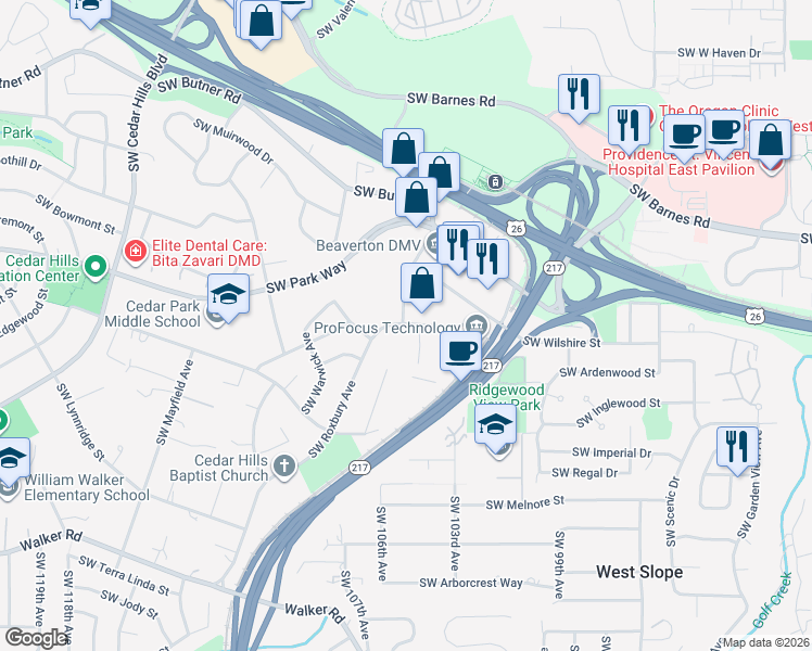 map of restaurants, bars, coffee shops, grocery stores, and more near 1800 Southwest Marlow Avenue in Portland