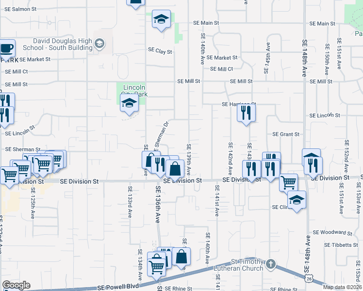 map of restaurants, bars, coffee shops, grocery stores, and more near 2237 Southeast 139th Avenue in Portland