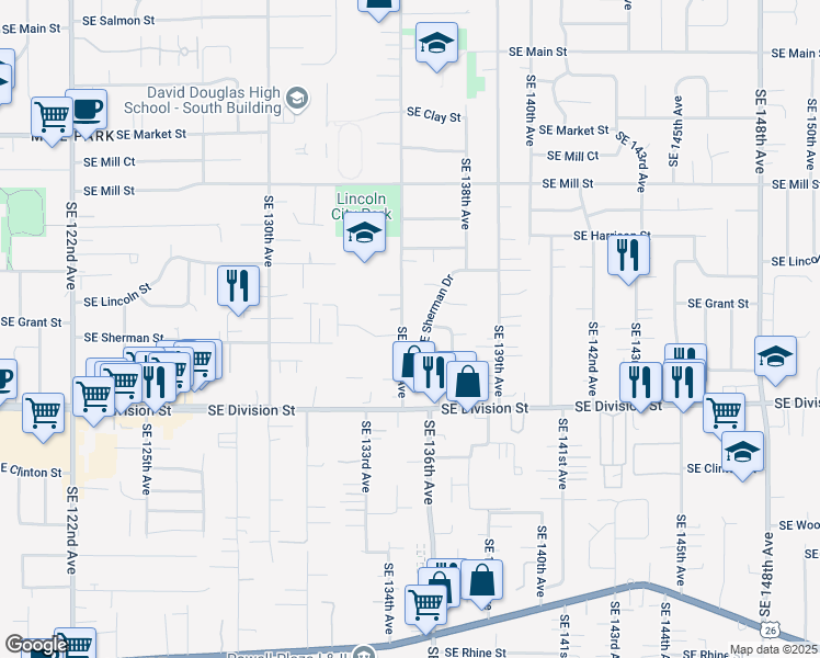 map of restaurants, bars, coffee shops, grocery stores, and more near 2160 Southeast 135th Avenue in Portland