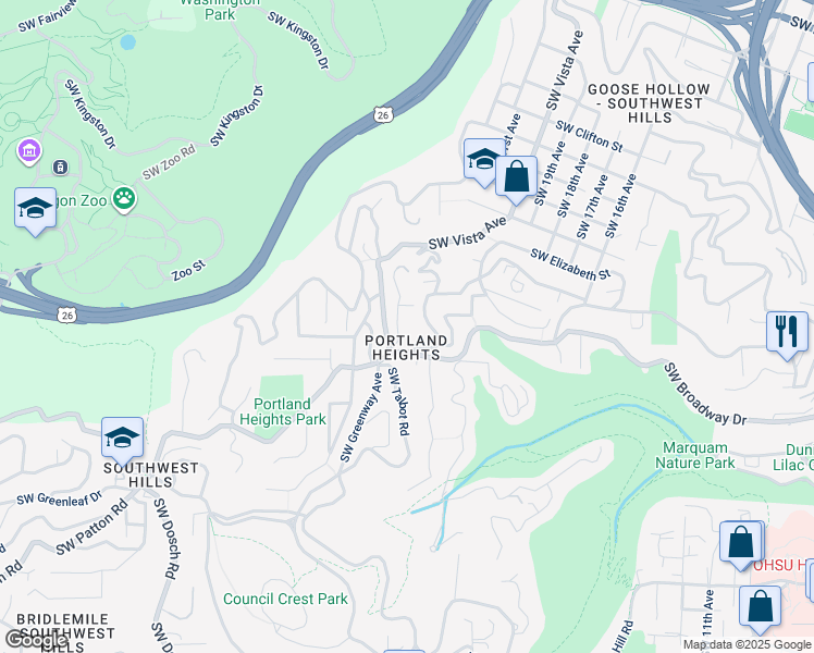 map of restaurants, bars, coffee shops, grocery stores, and more near 2670 Southwest Georgian Place in Portland