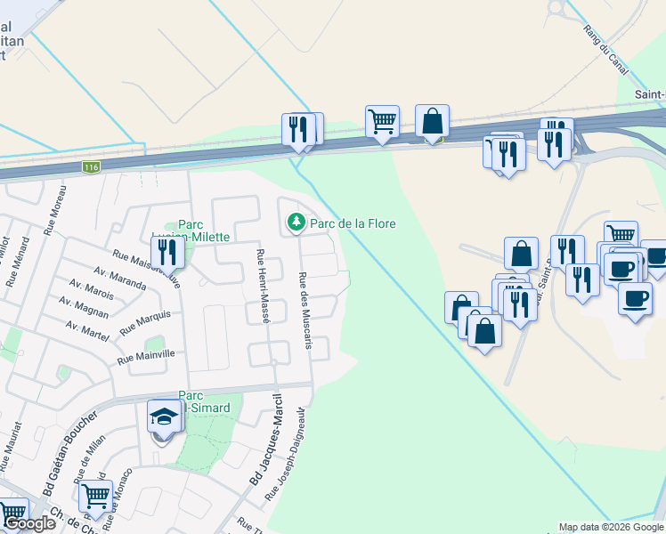 map of restaurants, bars, coffee shops, grocery stores, and more near 1639 Rue Molènes in Longueuil